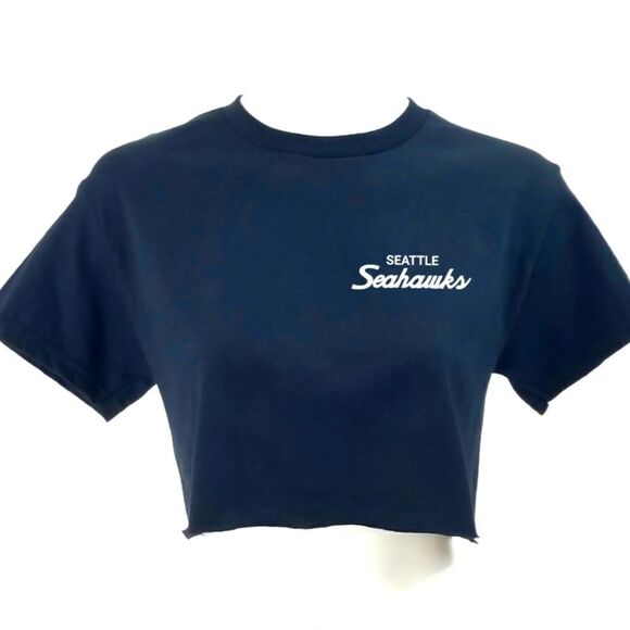 SEATTLE SEAHAWKS Double Script Retro Logo "Cropped" Crop Top Football Jersey Tee - Picture 1 of 6